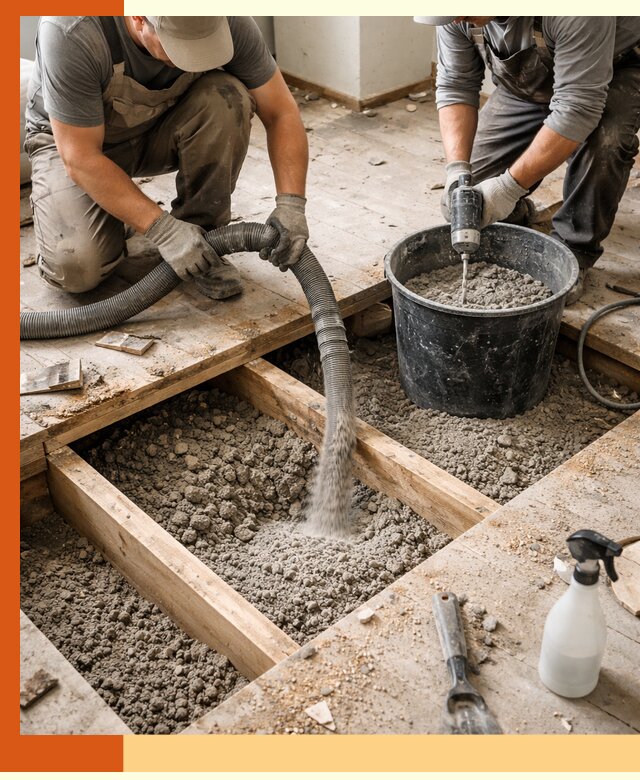 Заполнение пустот пола в Междуреченске полиуретаном и пенополистиролом