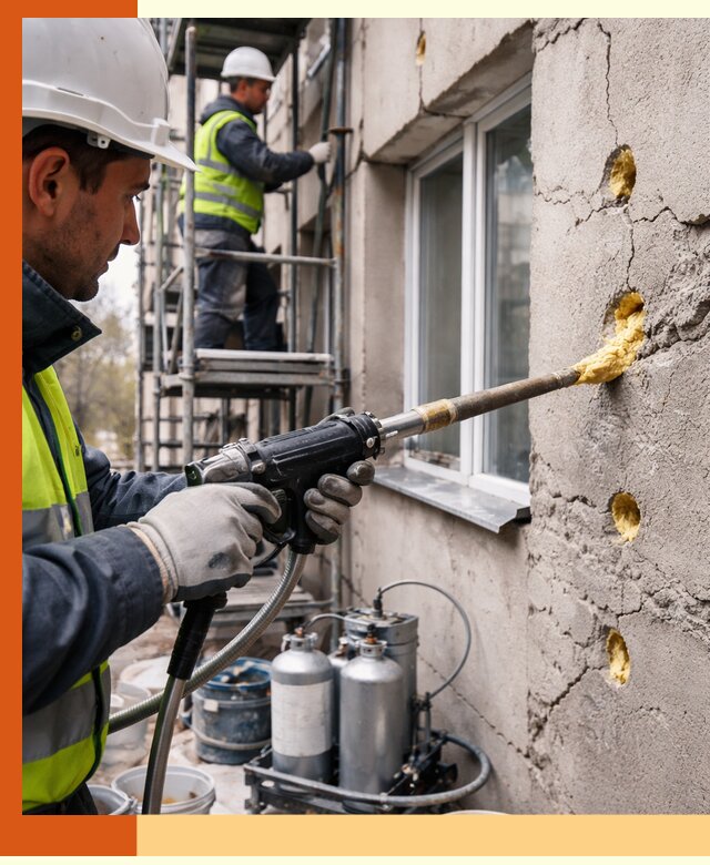 Заполнение пустот в фасаде и утепление стен в Междуреченске